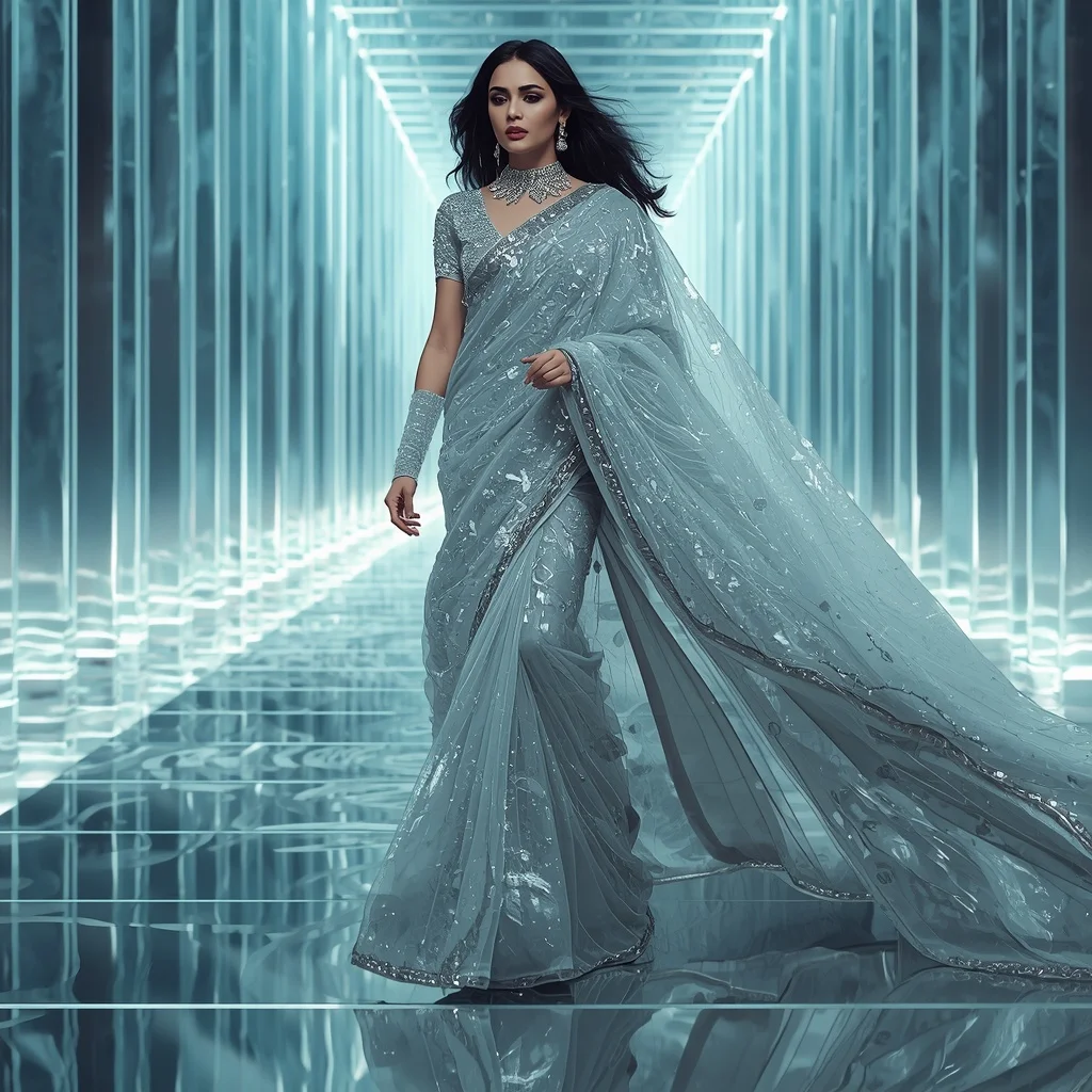 Frozen Diamond Mirage Saree with Crystal Beam Reflection Infinity Orbit Hall | Instagram Girl Gemini Prompt