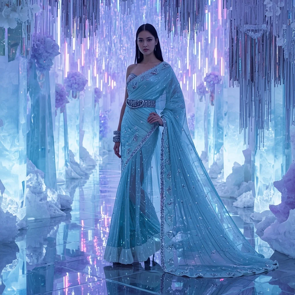 Frozen Diamond Mirage Saree with Neon Wave Crystal Sanctuary | Ai Gemini Prompt