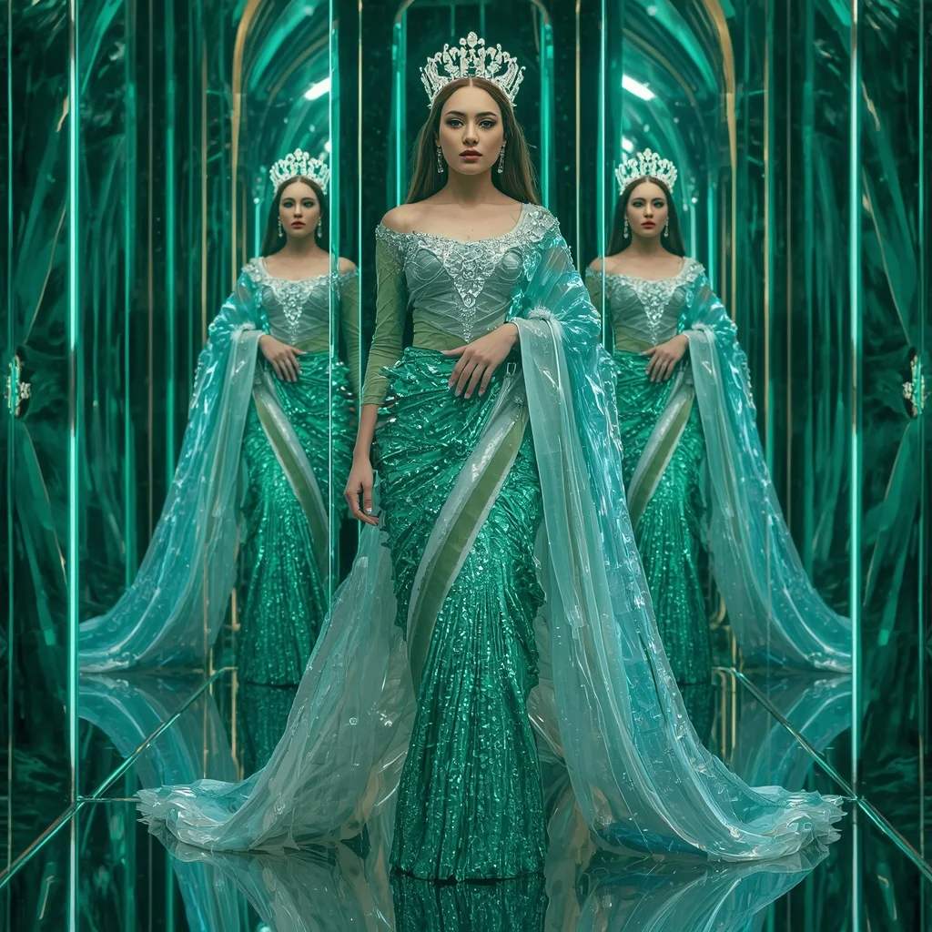 Frozen Emerald Aurora Crown Saree with Multi Motion Fashion Frames and Infinity Crystal Universe | Face Ai Prompt