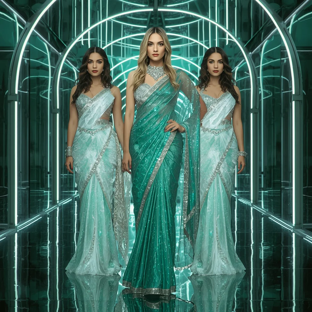 Frozen Emerald Hyperverse Saree with Multi Motion Fashion Frames and Aurora Infinity Hyperrealm | Ai Prompt