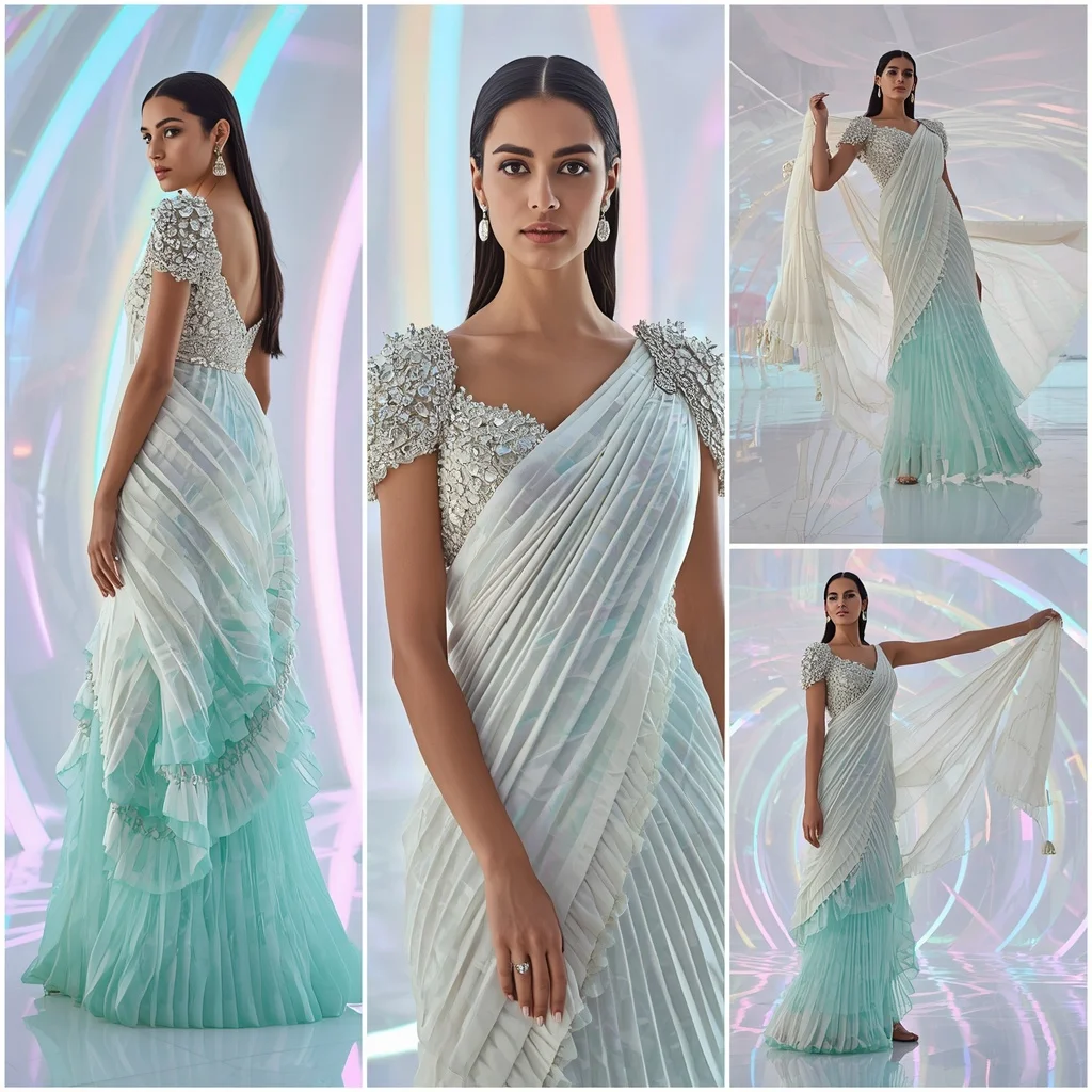 Frozen Pearl Saree with Digital Reflection Dome | Gemini Ai Photo
