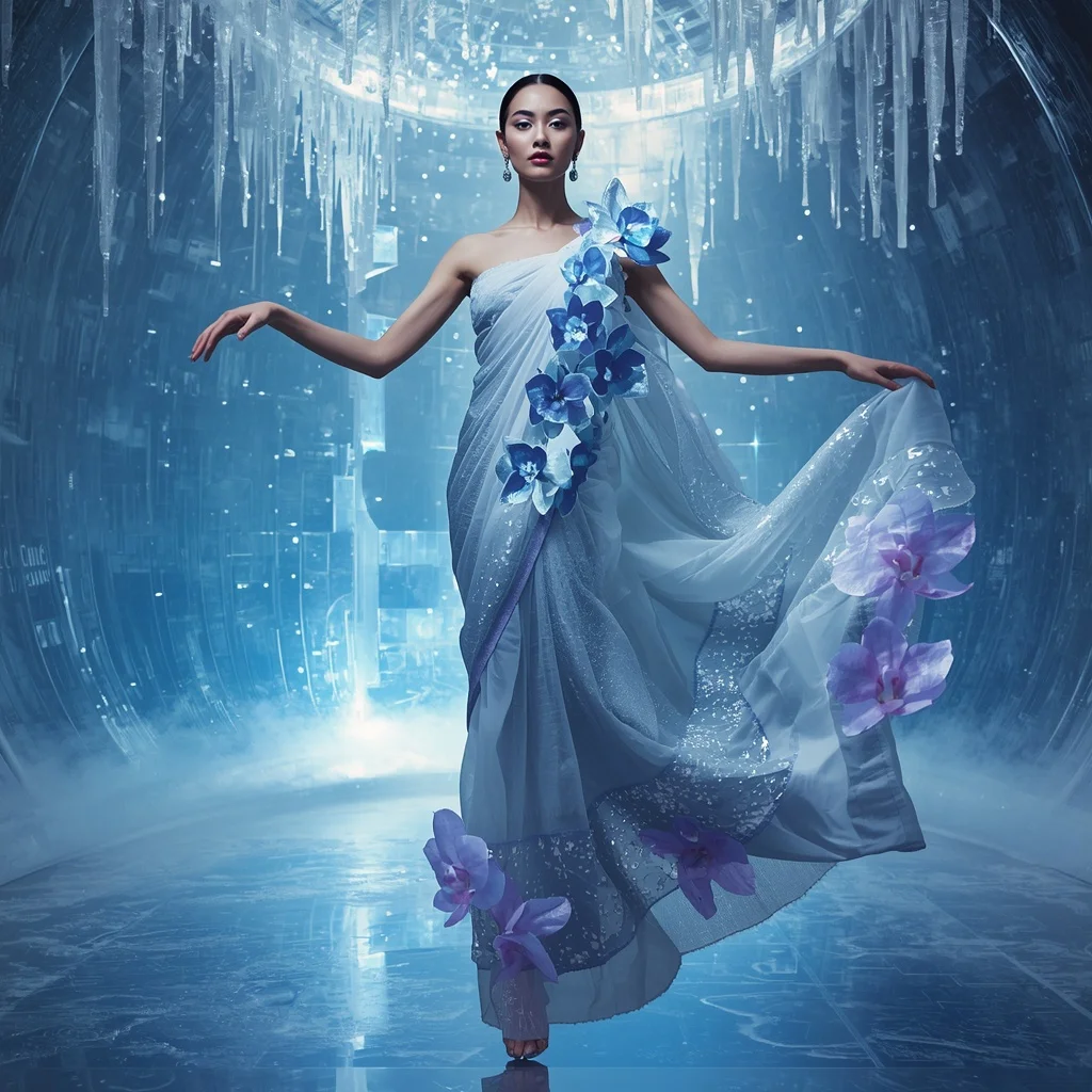 Frozen Quantum Orchid Saree with Ice Data Chamber | Gym Influencer Ai Prompt