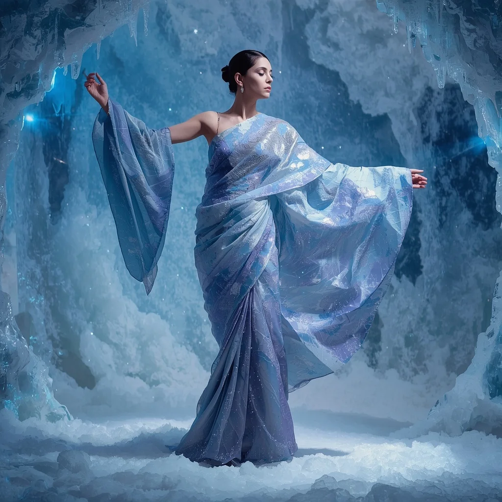 Frozen Quantum Silk Saree with Ice Rift Void Dome | Instagram Girl Gemini Prompt