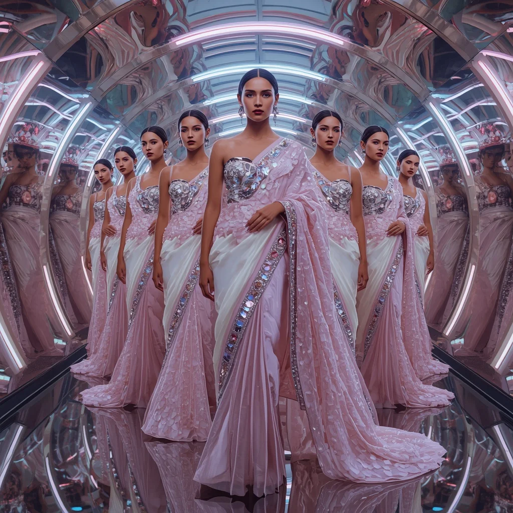 Frozen Rose Galaxy Saree with Eight Editorial Poses and Aurora Reflection Tunnel | Prompt Gemini