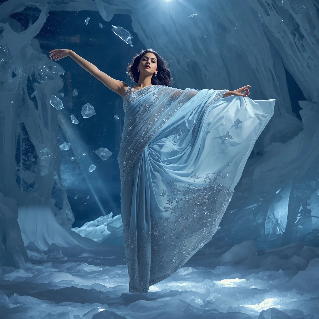 Frozen Starfall Crystal Saree with Meteor Ice Chamber | Hd Image Prompt