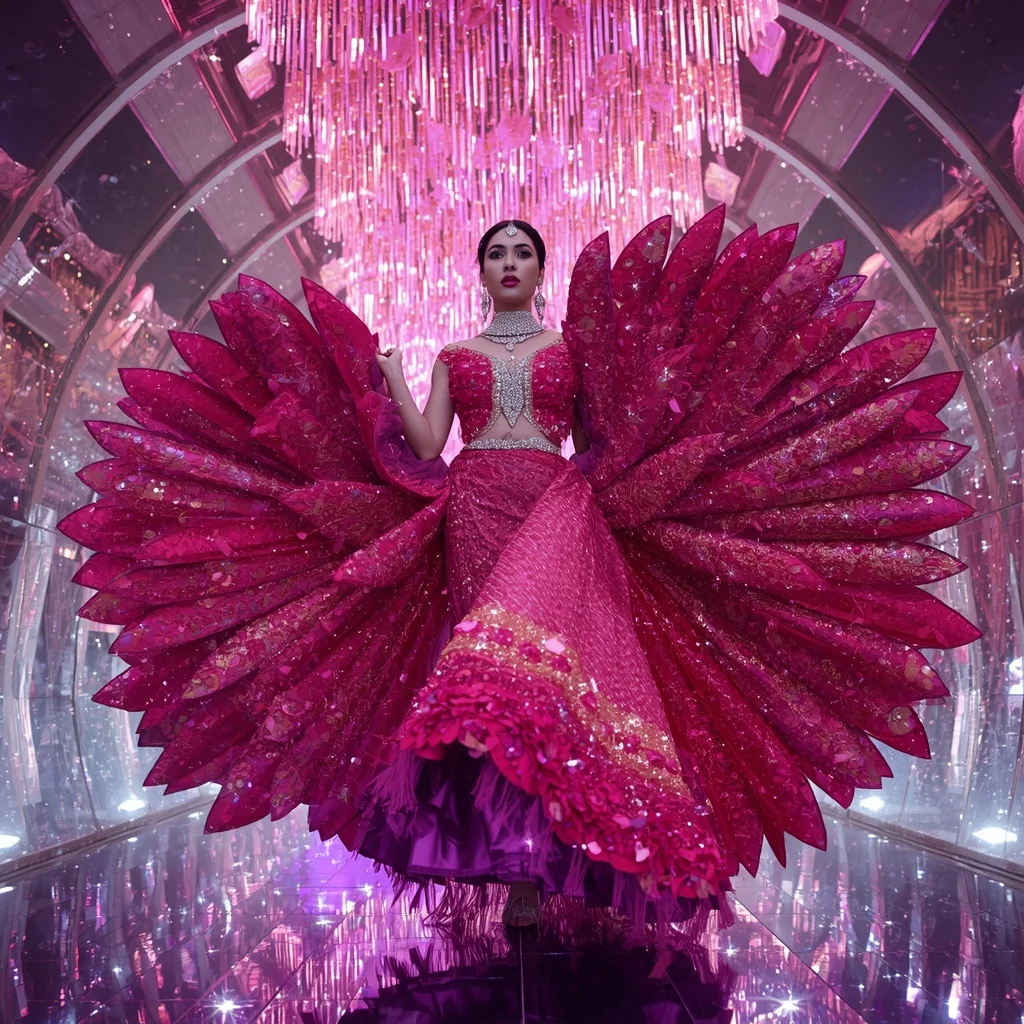 Fuchsia Blossom Crystal Fan Saree with Dreamlight Jewel Crystal Sky Atrium | New Prompt Photo Editor