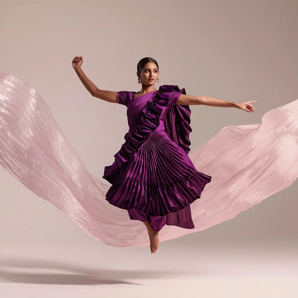 Full Body Cinematic Mid-Air Levitation in 3D Architectural Ruffles Saree on Light Crystal Flow