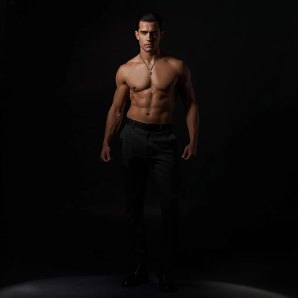 Full Body Clean Black Studio Hard Spotlight Pose with Dramatic Masculine Contrast | Gemini Photo Prompt