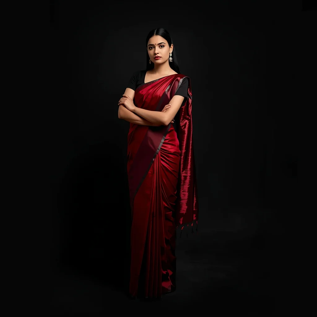 Full Body Clean Black Studio Saree Pose with Bold Contrast | Gemini Ai Prompt