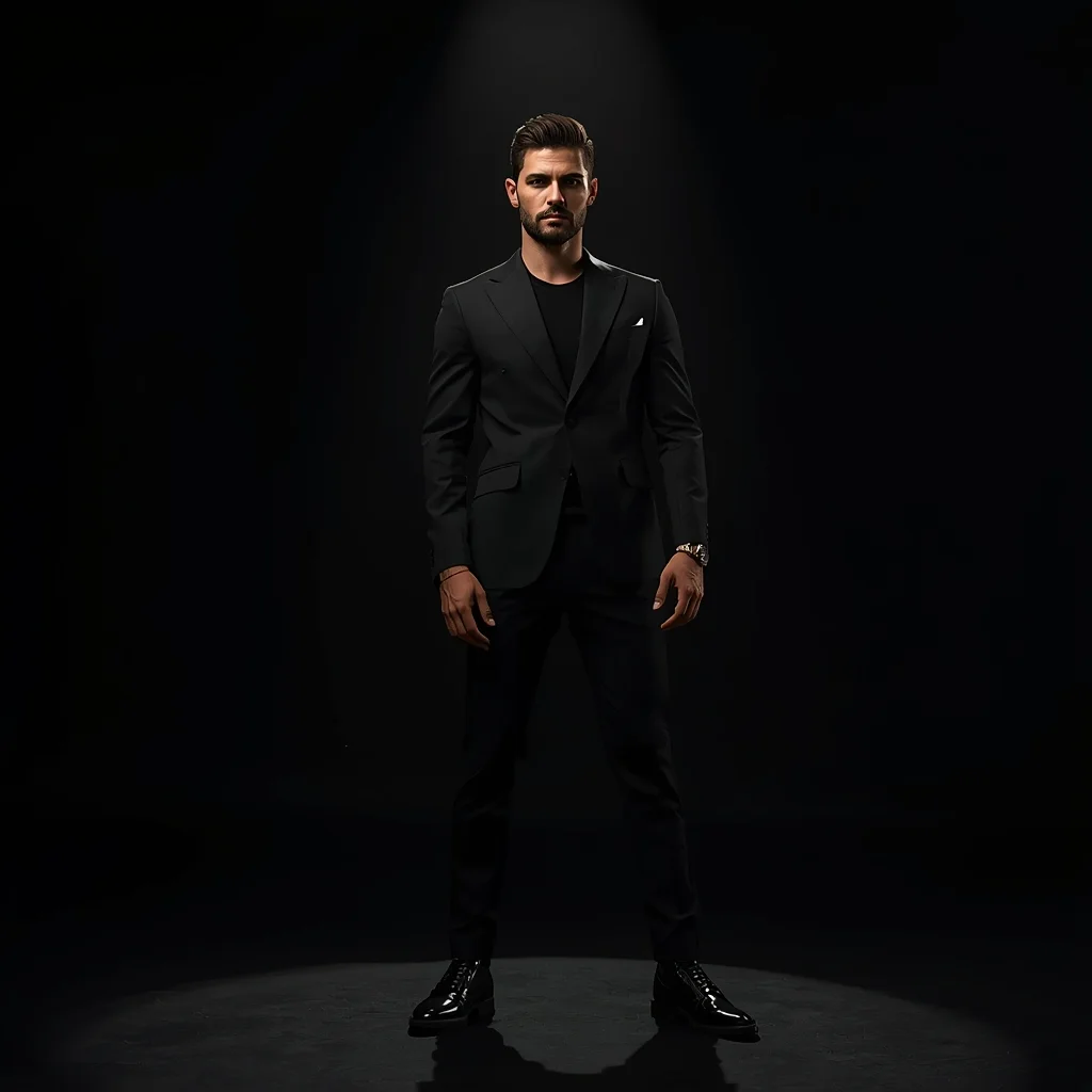 Full Body Clean Black Studio Spotlight Pose with Dramatic Masculine Focus | Cute Ai Prompt