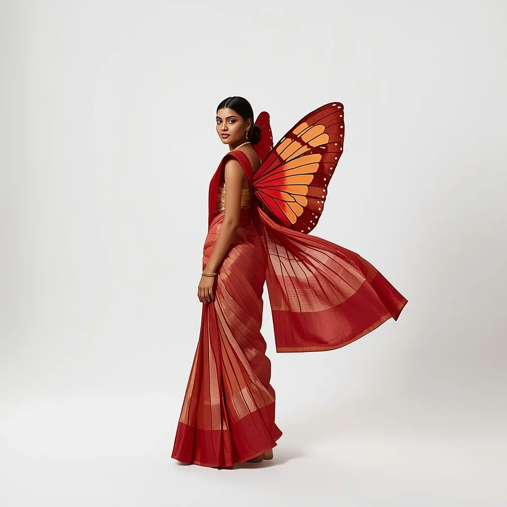 Full Body Clean White Studio Butterfly Pallu Saree Pose with Dynamic Motion Energy | Makeup Ai Prompt