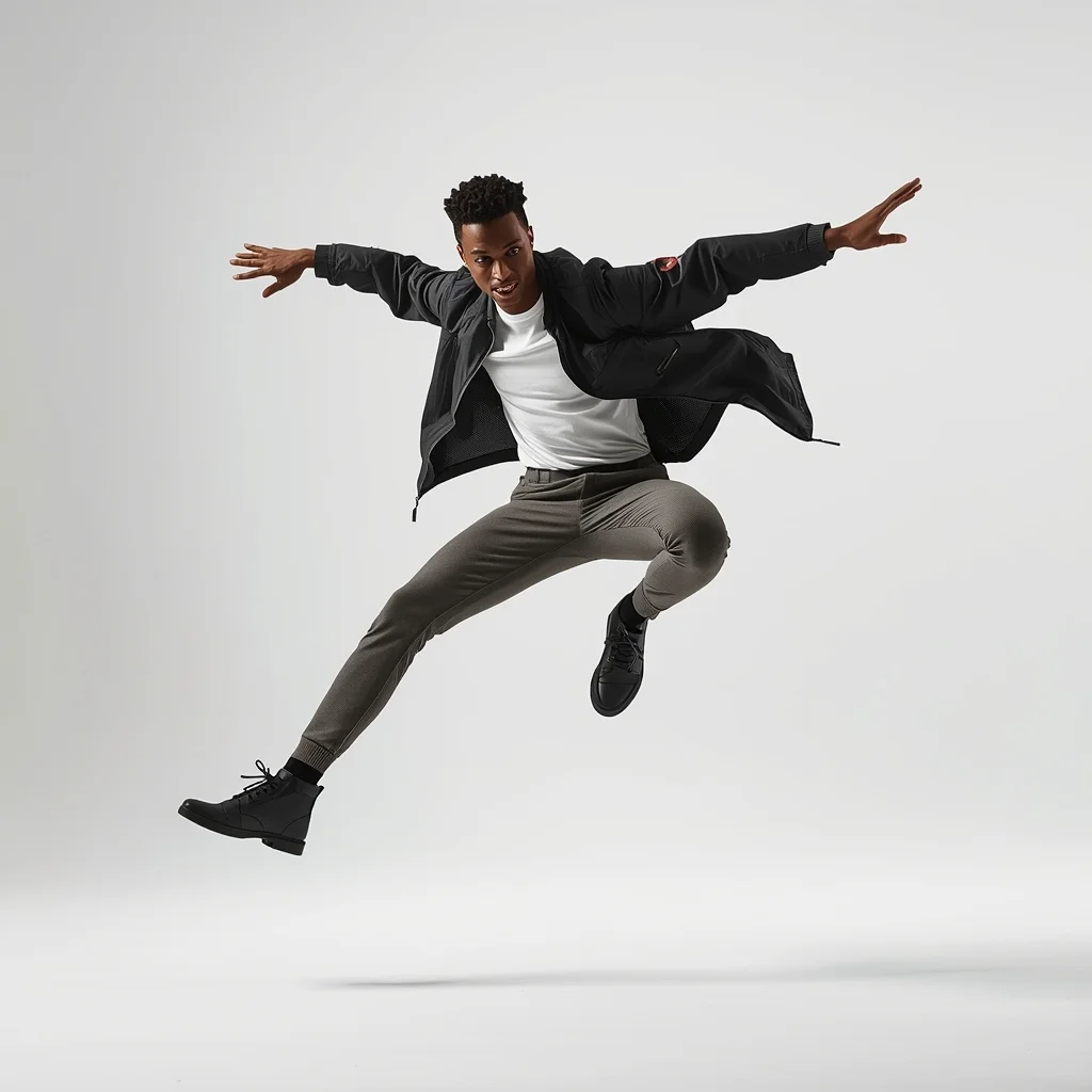 Full Body Clean White Studio Jump Twist Pose with Dynamic Masculine Motion | Ai Selfie Prompt