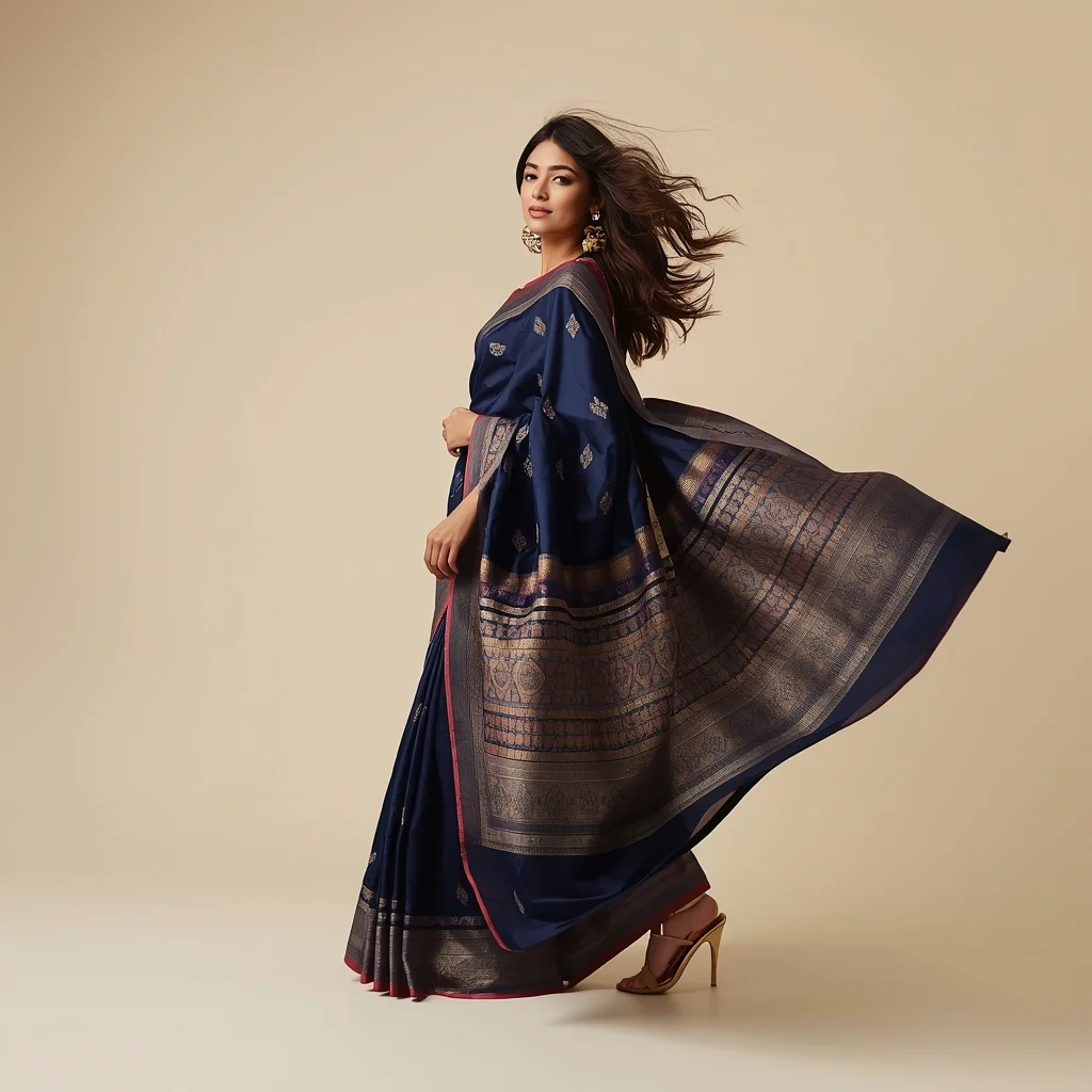 Full Body Cream Studio Twirl Pose with Flowing Saree Fabric | Stable Diffusion Prompt
