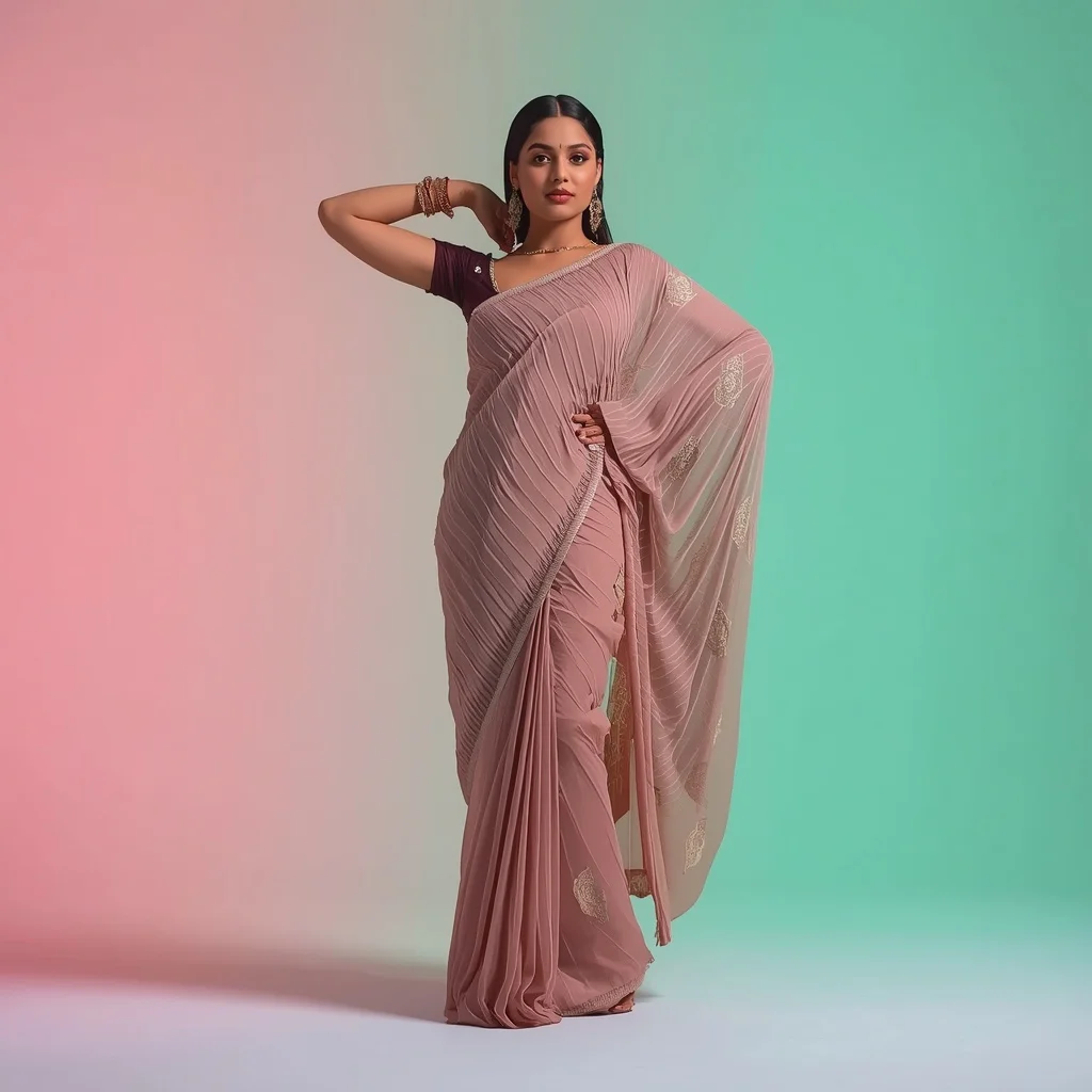 Full Body Dramatic Pallu Wrap Pose in Heavy 3D Architectural Saree on Light Crystal Flow