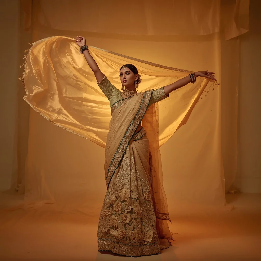 Full Body Dupatta Front Toss Soft Motion Pose in Heavy 3D Floral Embroidery Saree on Golden Silk Aura