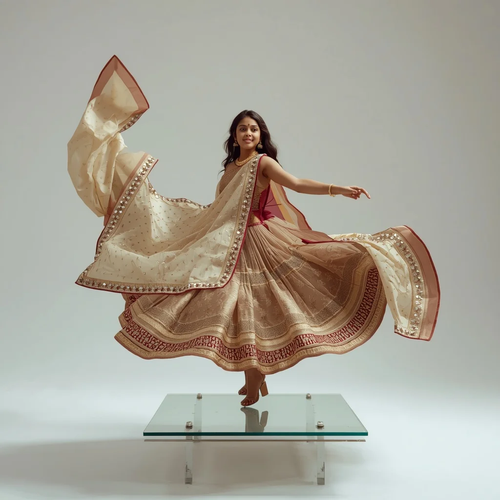 Full Body Dynamic Saree Twirl on Floating Glass Platform | Prompt Gemini Ai