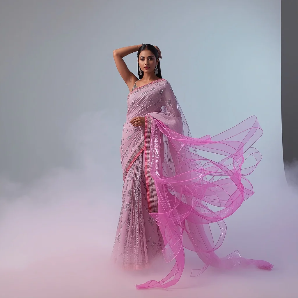 Full Body Extreme Asymmetrical High-Fashion Stance in 3D Molten Glass Ribbon Saree on Neon Dream Mist