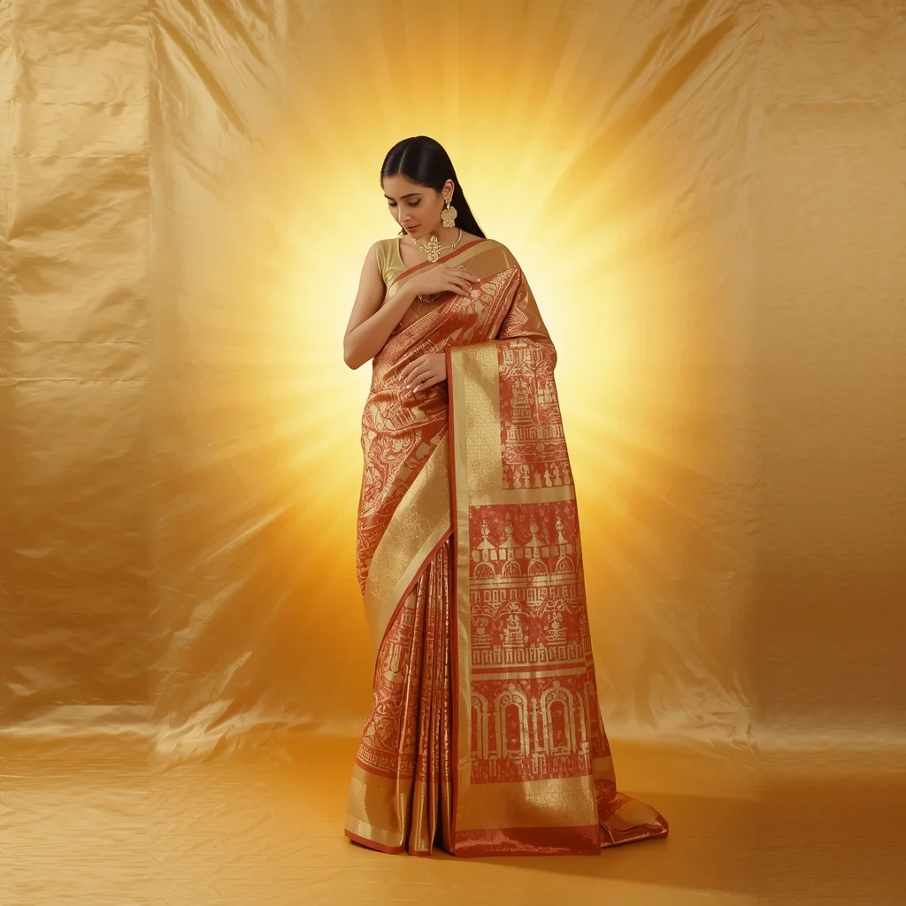 Full Body Graceful Saree Pallu Adjustment Pose on Golden Silk Aura | Image Prompt