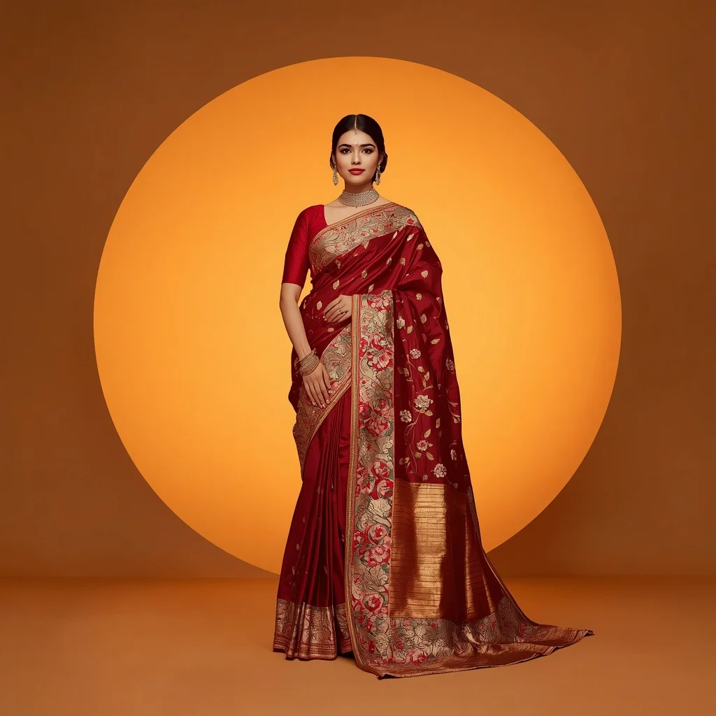 Full Body Graceful Saree Stance in Soft Glowing Amber Dome | Prompt Gemini