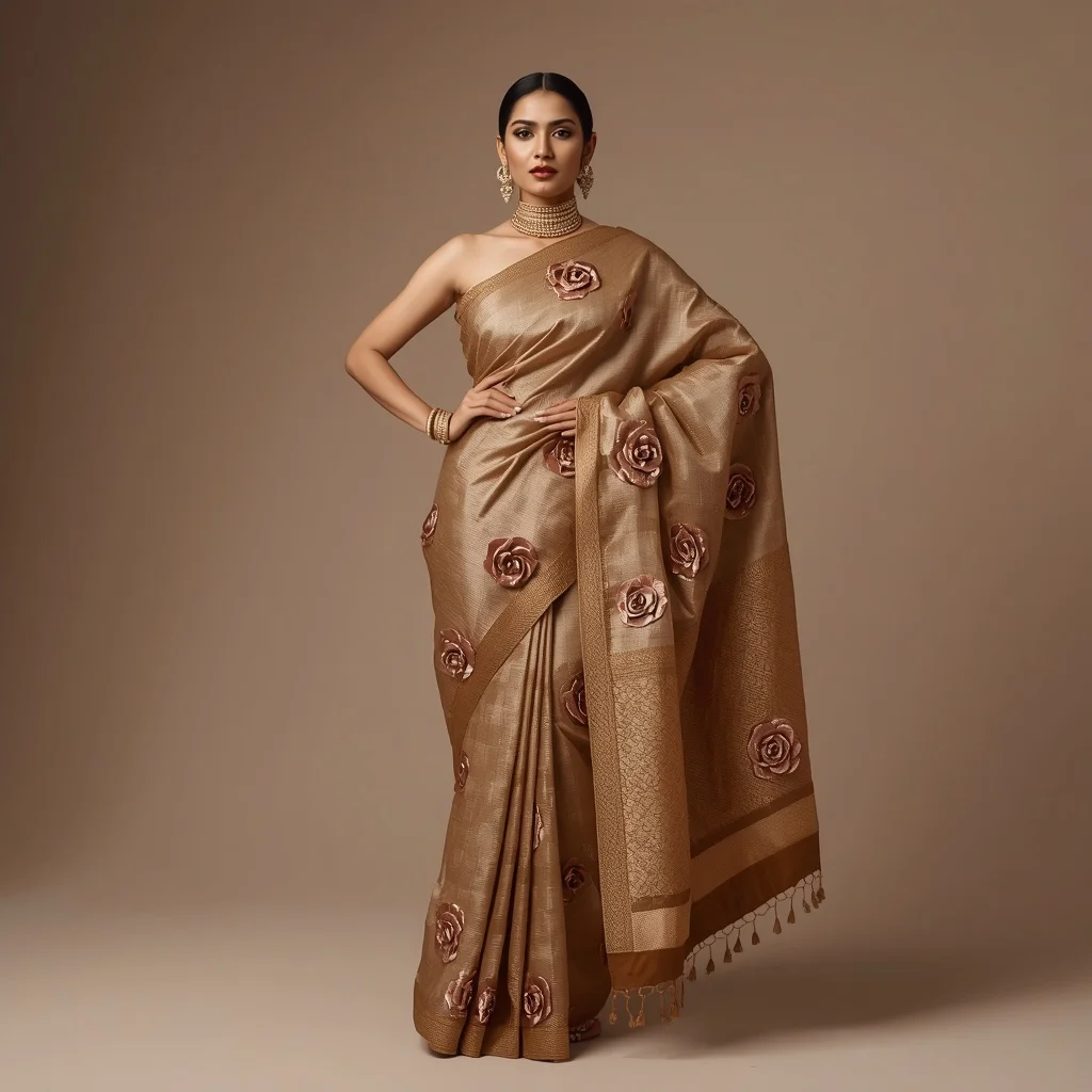 Full Body High-Fashion Saree Stance with 3D Metallic Rose Details | Art Ai Prompt