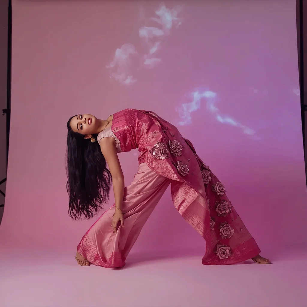 Full Body Horizontal Invisible Lean Pose in Heavy 3D Metallic Rose Saree on Neon Dream Mist