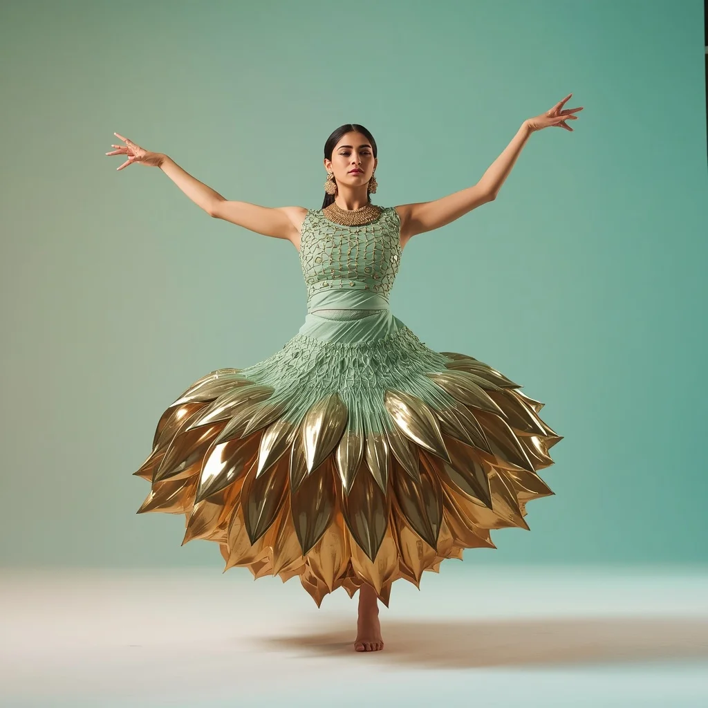 Full Body Hyper-Heavy Brass Lotus Armor Pastel Mint Saree Pallu Toss | Prompt For Traditional Look On Instagram