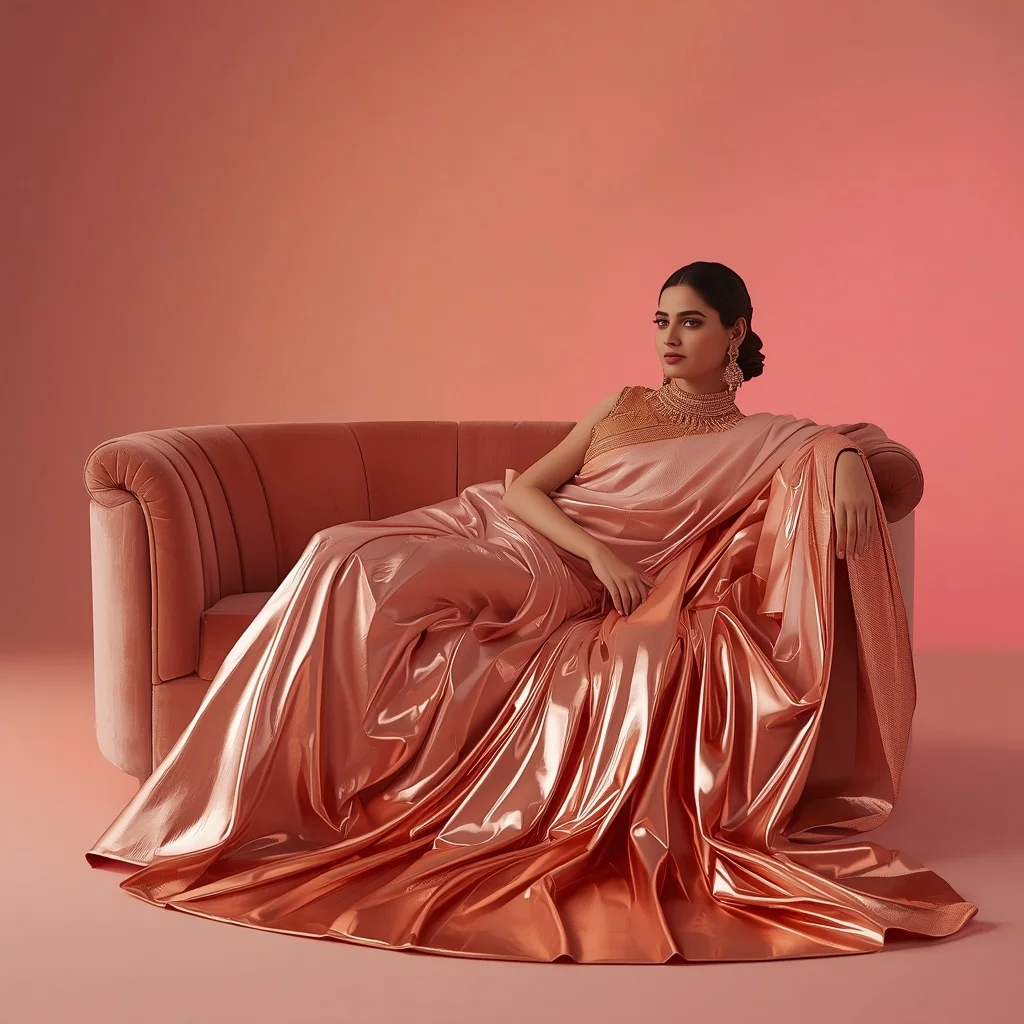 Full Body Hyper-Heavy Liquid Copper Dipped Pastel Blush Saree Sofa Lean | Desi Girl Ai Prompt