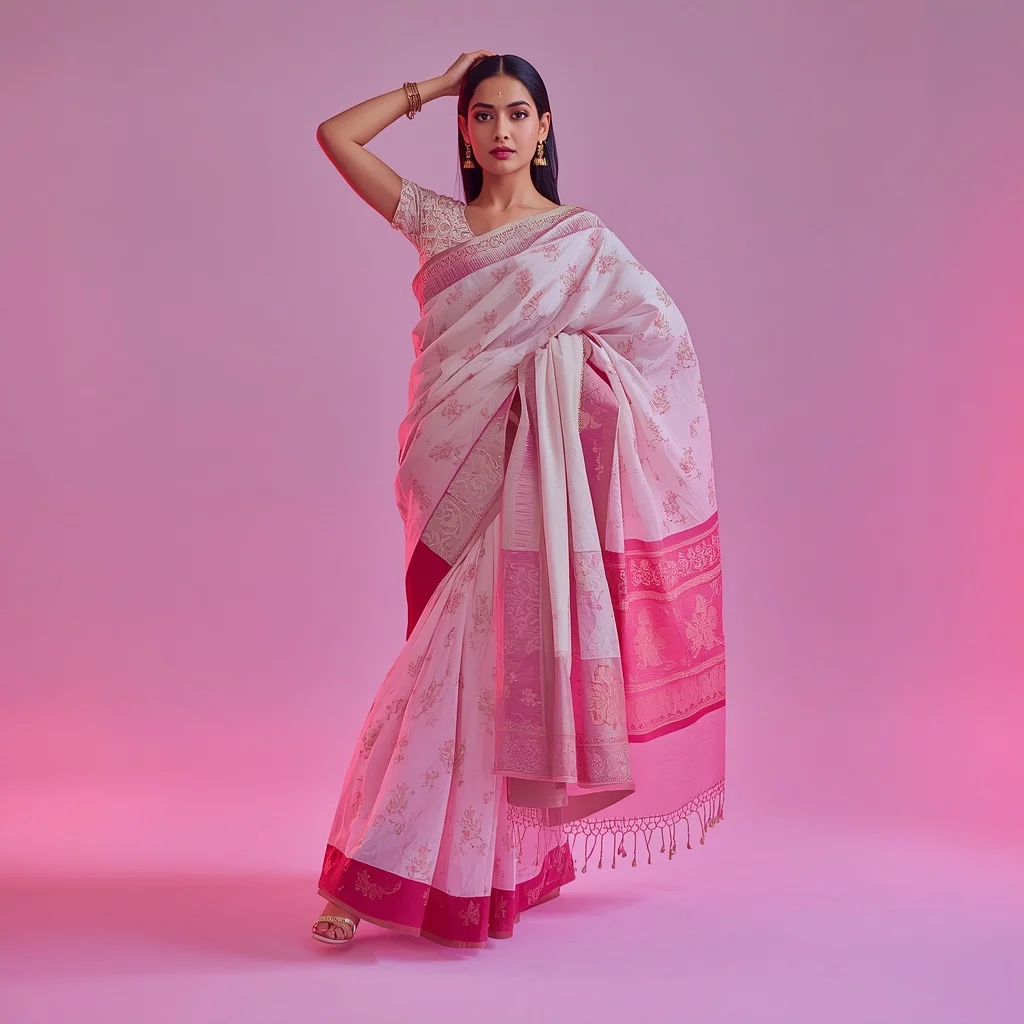 Full Body Influencer Power Strut Forward in 3D Molten Glass Saree on Neon Dream Mist