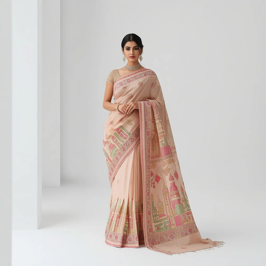 Full Body Modern Saree Pose with 3D Architecture Details | Selfie Prompt