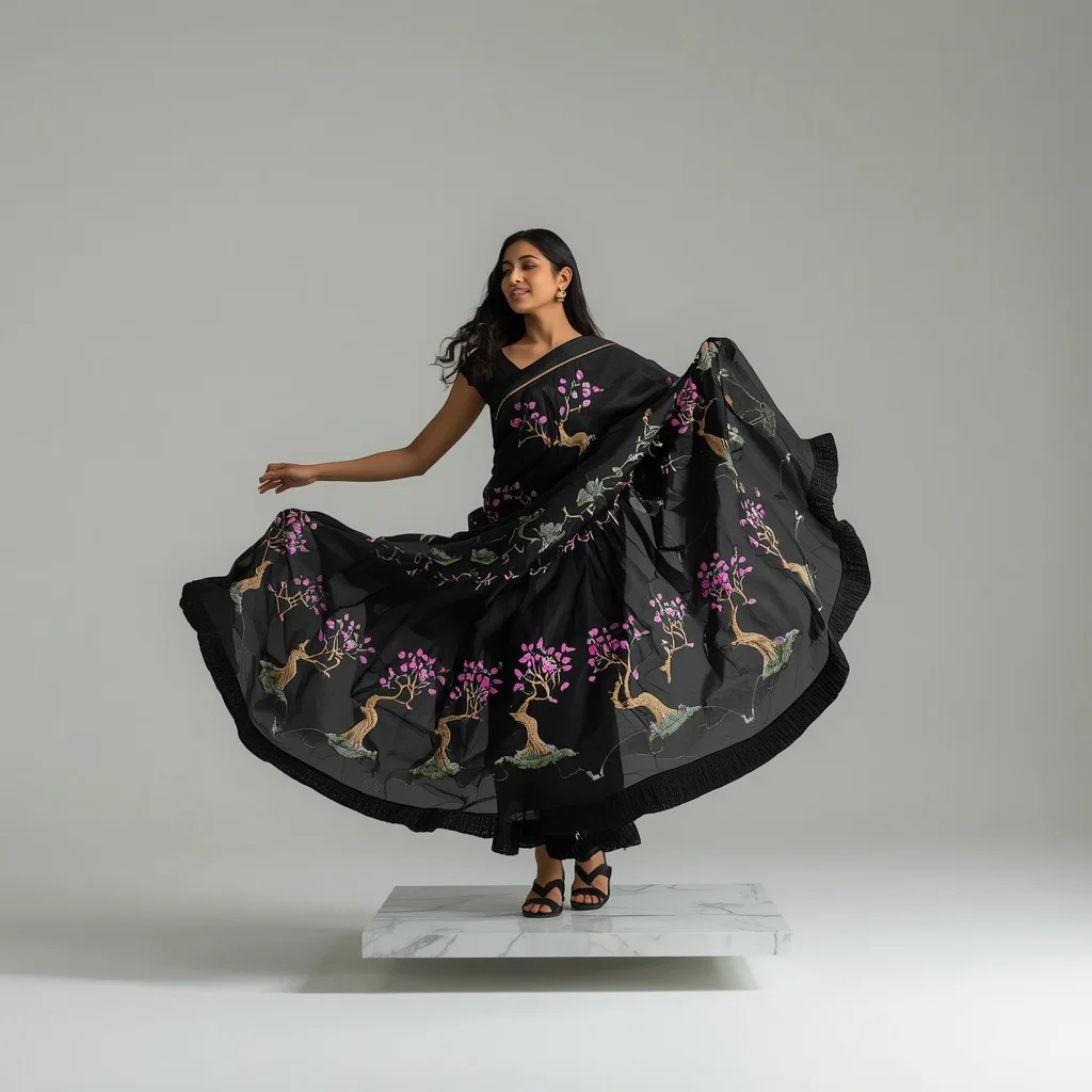 Full Body Modern Saree Twirl on Floating Marble Slabs | Trending Prompts For Instagram For Girl