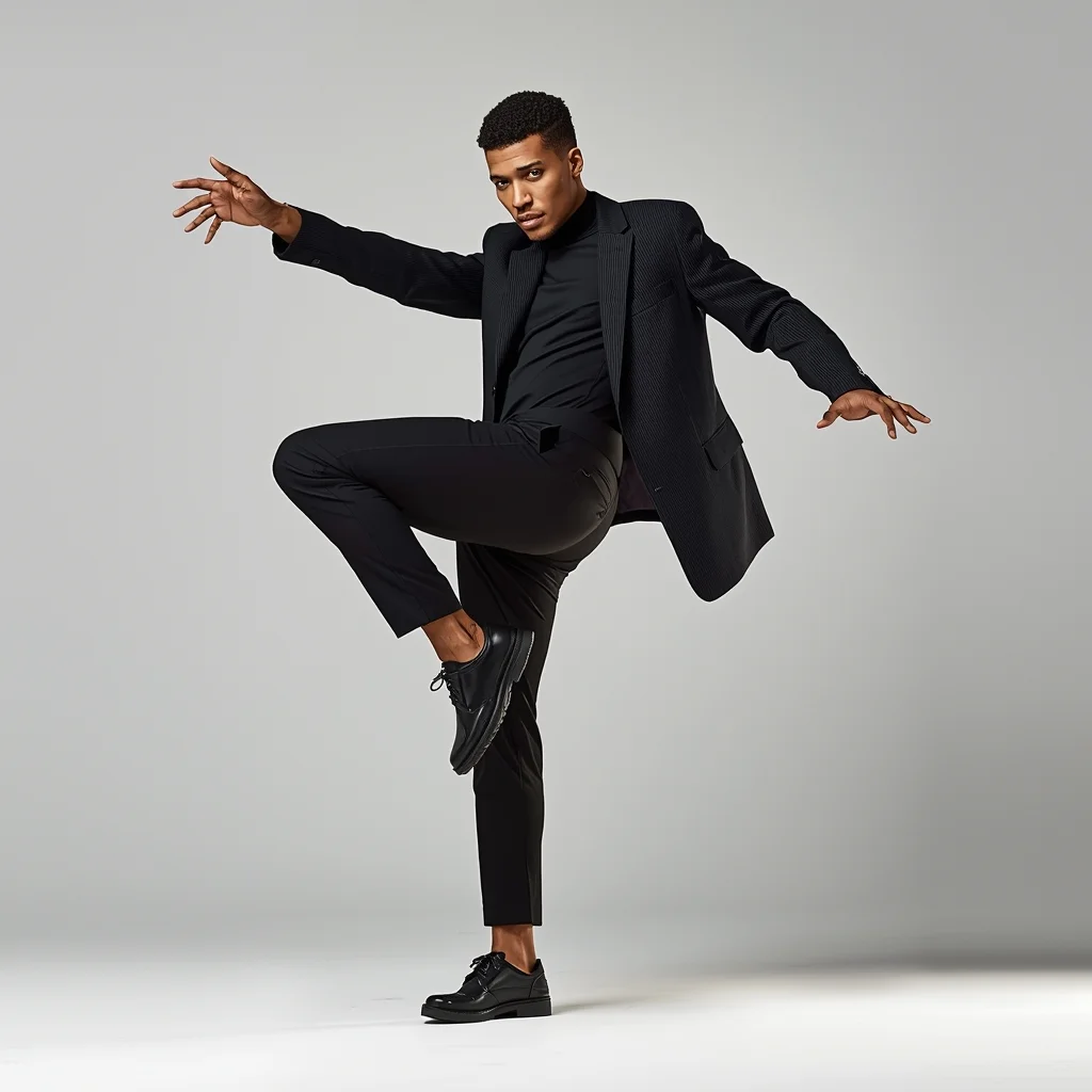 Full Body One Foot Pivot Pose with Sharp Masculine Directional Energy | Nano Banana Prompt