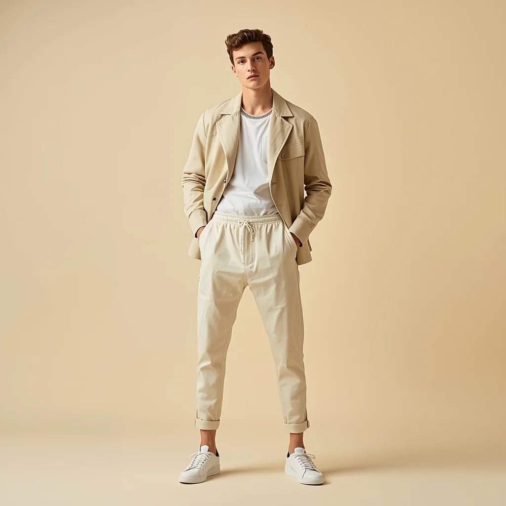Full Body Pastel Soft Cream Beige Studio Pose with Clean Masculine Freshness | Ai Art Prompt