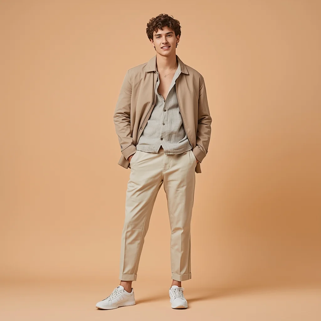 Full Body Pastel Soft Peach Beige Studio Pose with Fresh Masculine Style | Lighting Ai Prompt