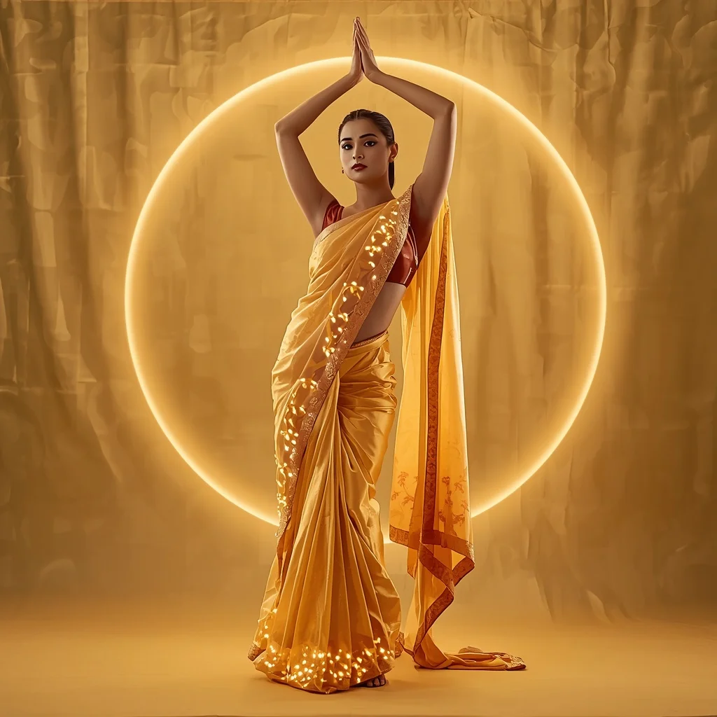 Full Body Regal Goddess Stance in Fiber Optic Bonsai Saree on Golden Silk Aura