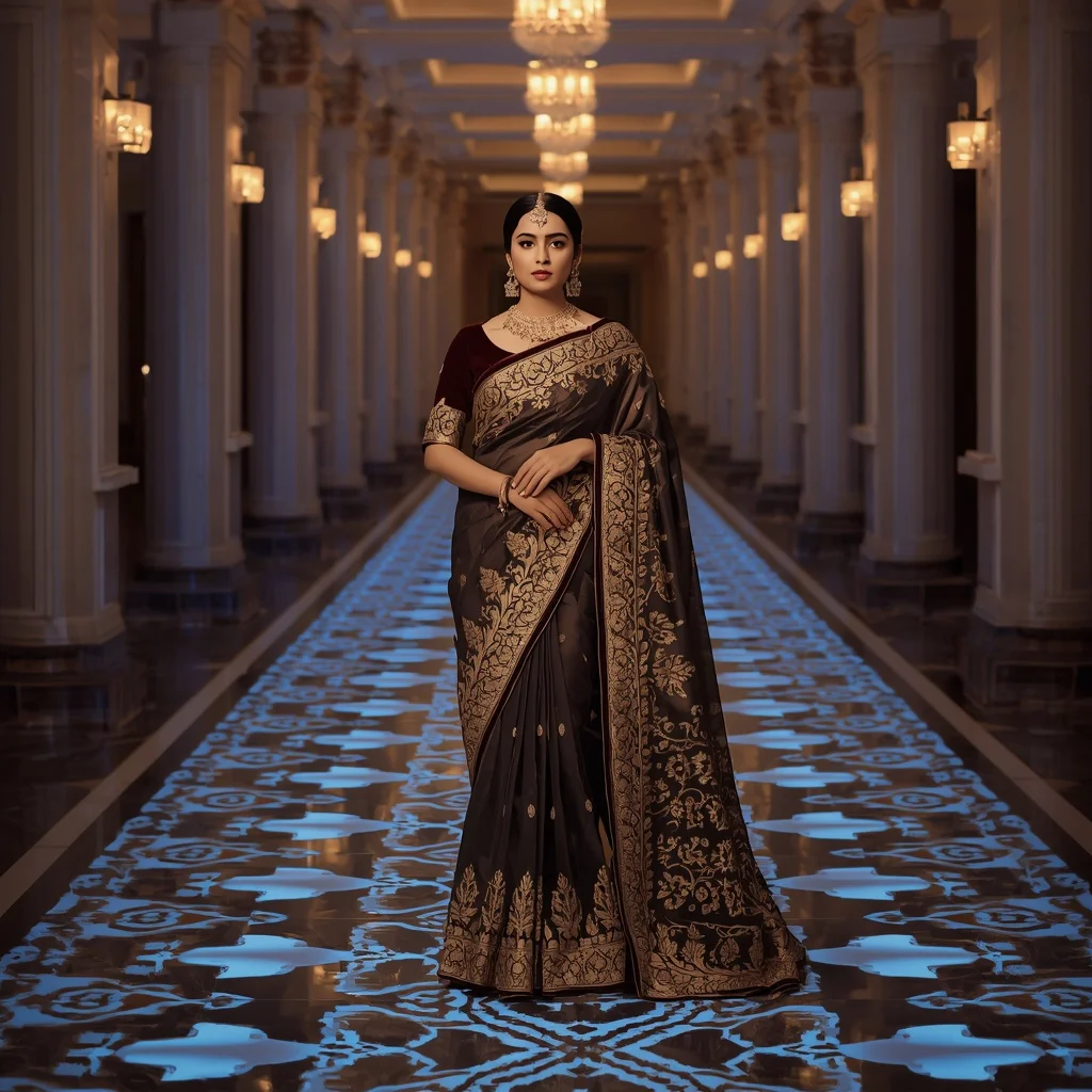 Full Body Royal Heritage Saree Stance in Bioluminescent Palace Corridor | Ai Gemini Photo Prompt