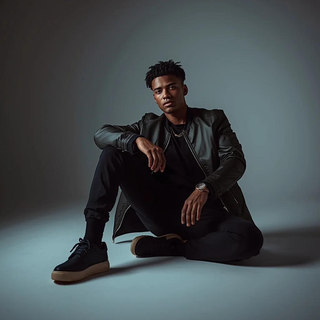Full Body Sit Floor One Knee Up Pose with Urban Masculine Edge | Gemini Photo Prompt