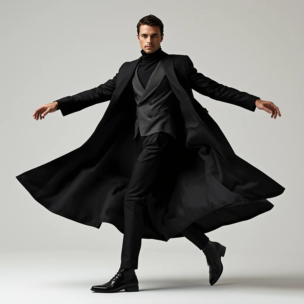 Full Body Slow Spin Coat Flow Pose with Cinematic Masculine Elegance | Fantasy Ai Prompt
