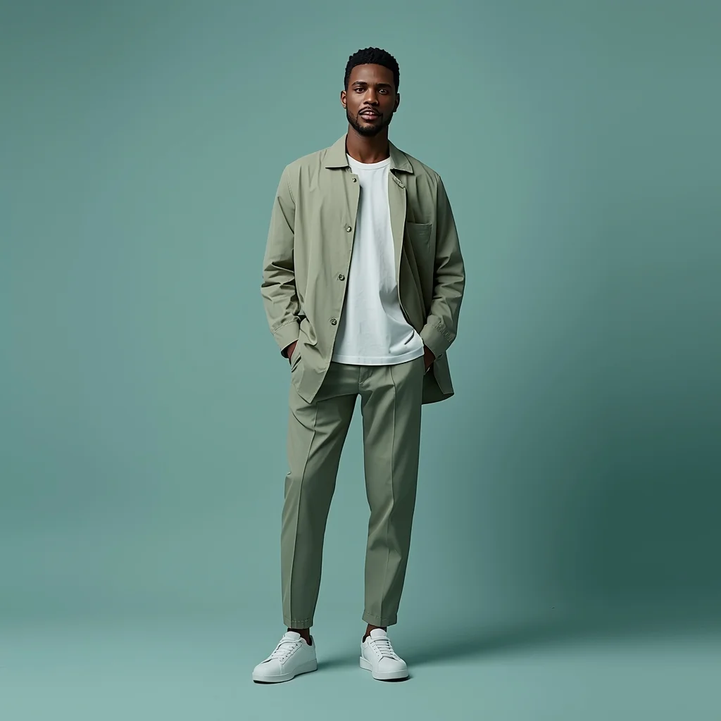 Full Body Soft Teal Studio Pose with Calm Contemporary Masculine Style | Ai Image Generator Prompt