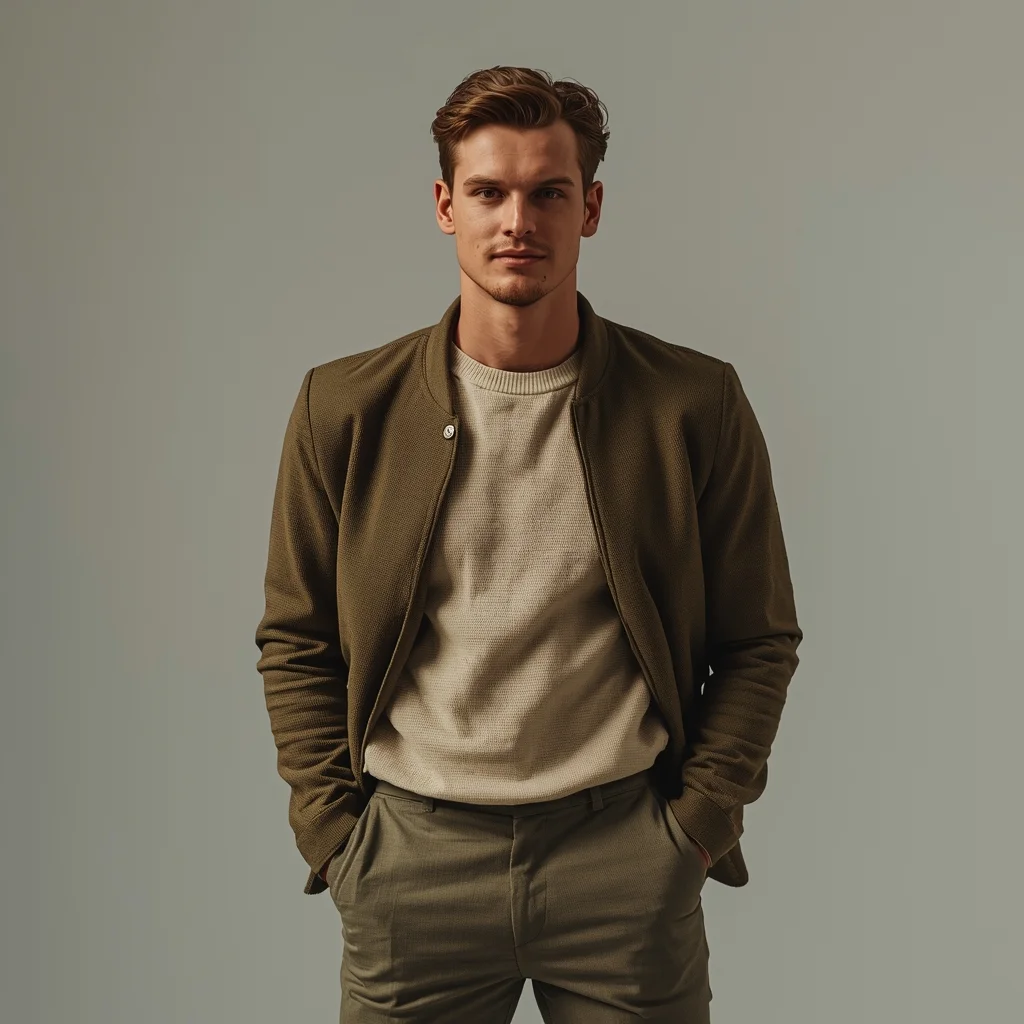 Full Body Subtle Smile Pause Pose with Soft Masculine Energy