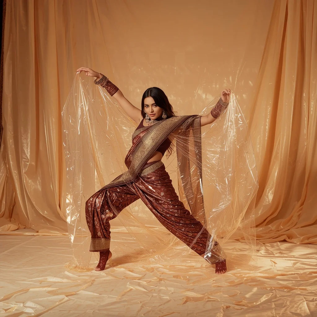 Full Body Superhero Landing Floor Punch Pose in 3D Liquid Crystal Saree on Light Crystal Flow