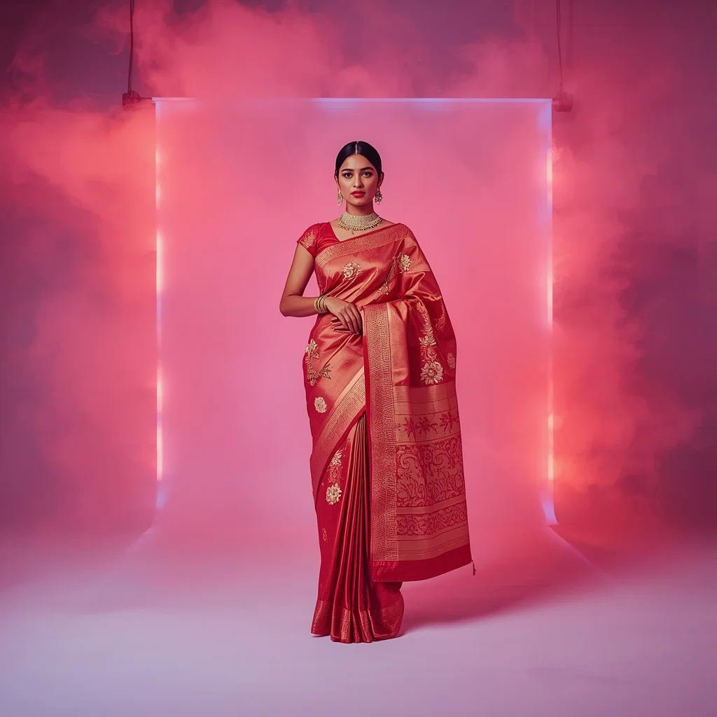 Full Body Symmetrical Saree Pose in Neon Dream Mist Studio | Festival Prompt