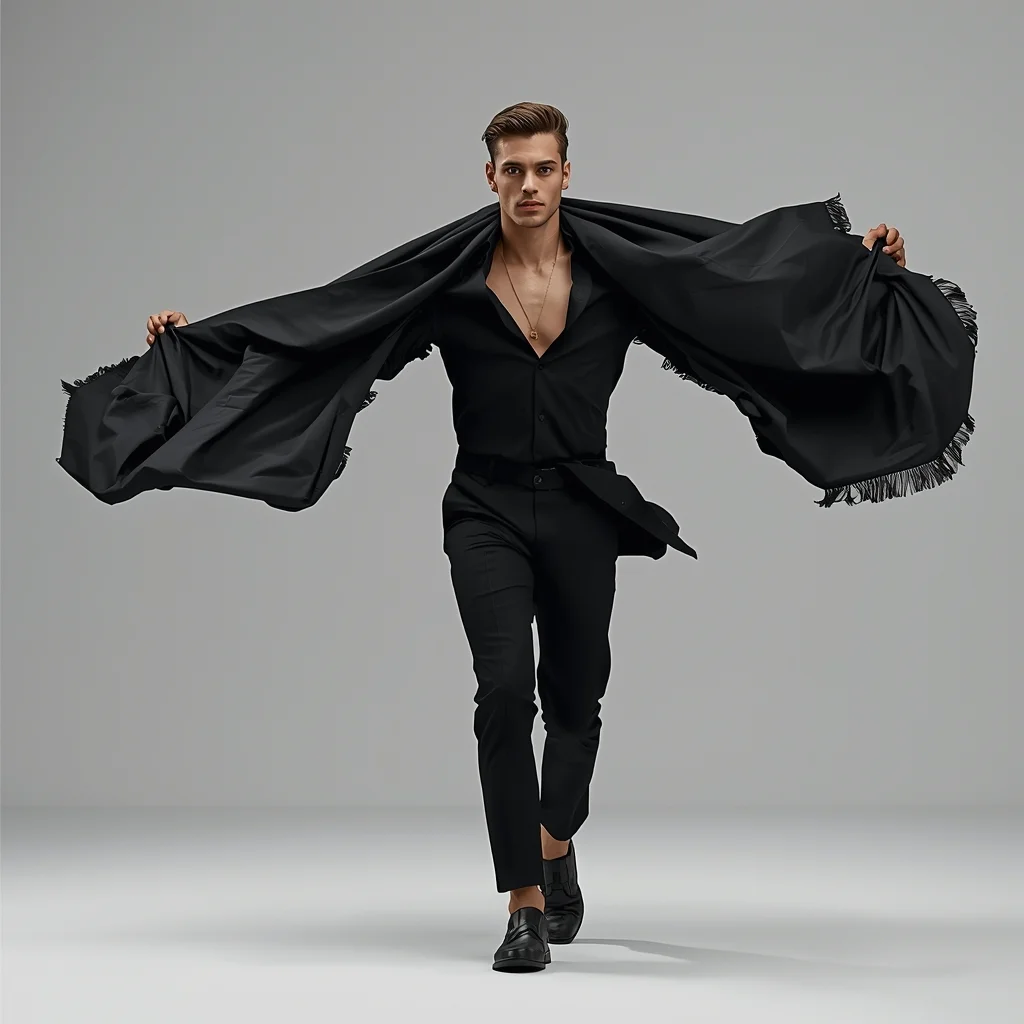 Full Body Walk Across Wind Fabric Pose with Cinematic Masculine Flow | Instagram Model Ai Prompt