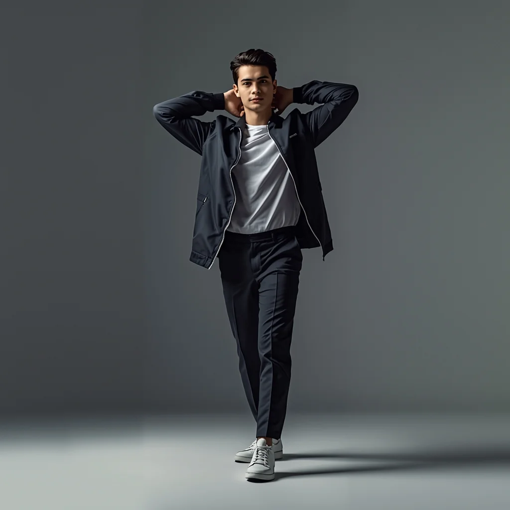 Full Body Walk Hands Behind Head Pose with Relaxed Masculine Confidence | Hd Image Prompt