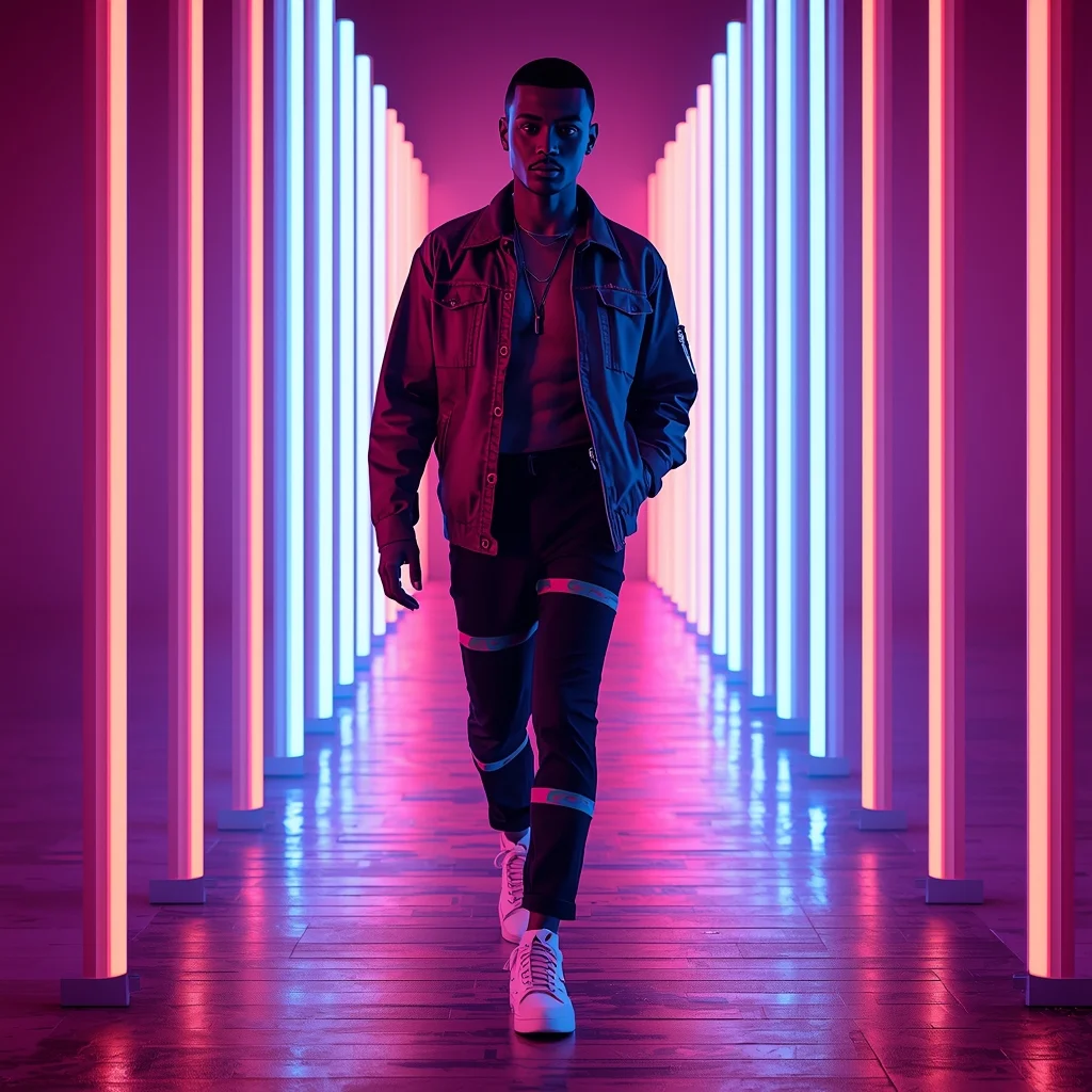 Full Body Walk Through Neon Light Pose with Futuristic Masculine Vibe | Image Prompt