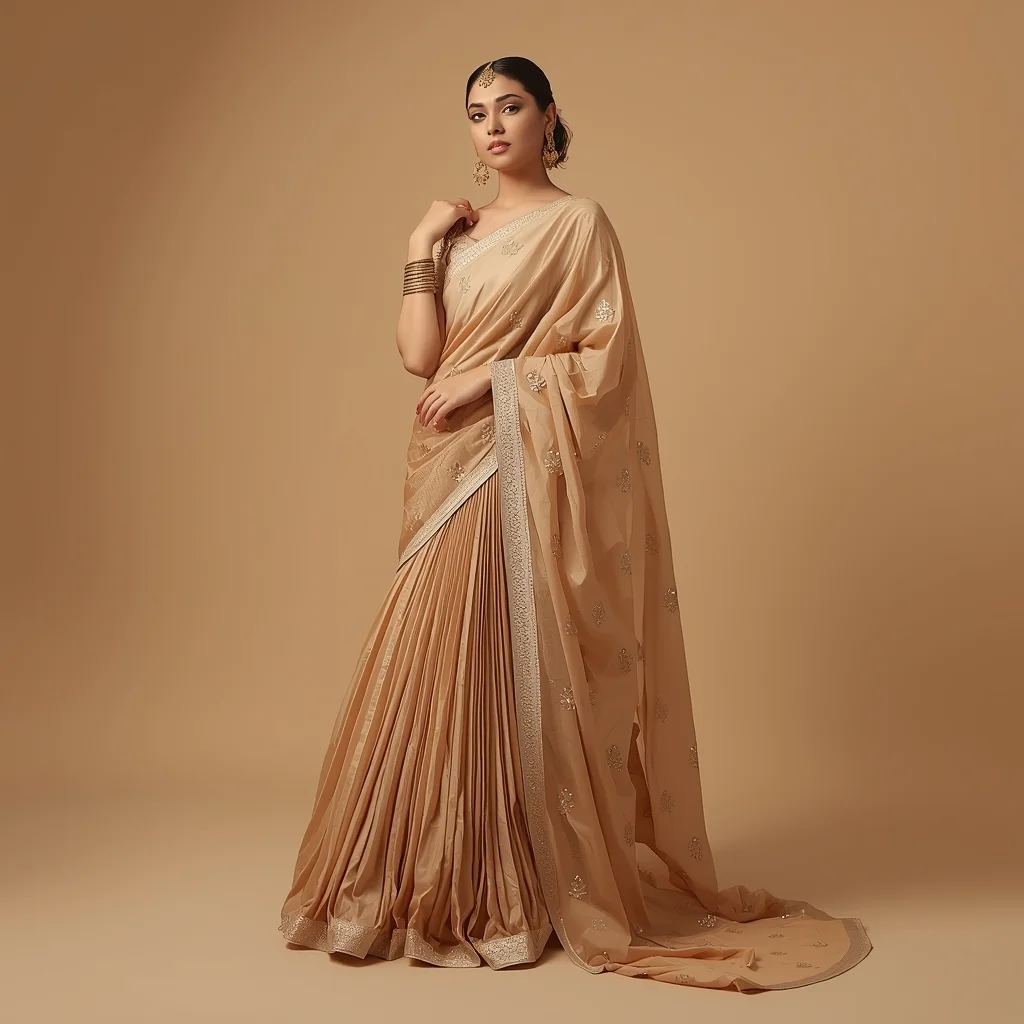 Full Body Warm Beige Studio Lehenga Style Saree Pose with Soft Editorial Glow | Grok Ai Prompt