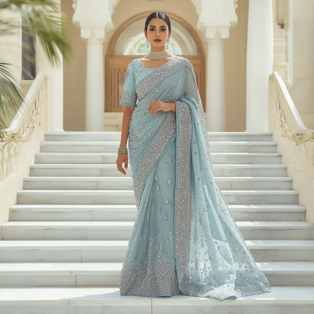 Fully Encrusted Glass-Bead Armor Powder Blue Saree | Walking Down Stairs Pose | Instagram Story Ai Prompt