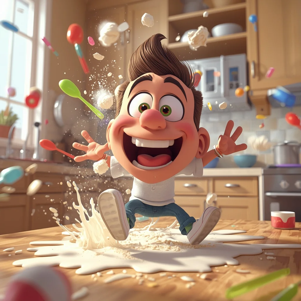Funny Cartoon Character in Chaotic Kitchen Scene (2026) | Ideogram Ai Prompt