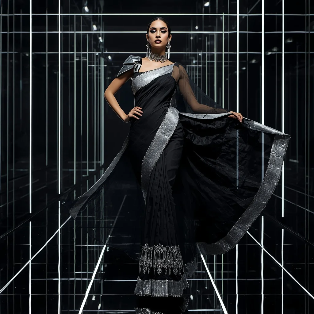 Futuristic Black Mirror Saree with Fierce Editorial Air Twist and Neon Reflection Hall Background | South Indian Prompt For Gemini Girl Instagram