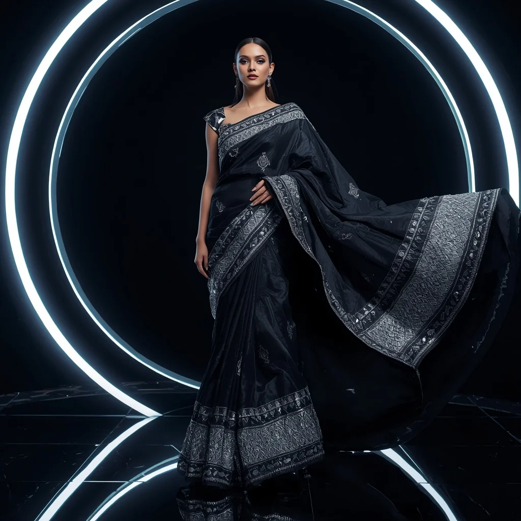 Futuristic Black Mirror Saree with Fierce Editorial Spiral Air Walk and Neon Reflection Ring Background | Sora Ai Prompt