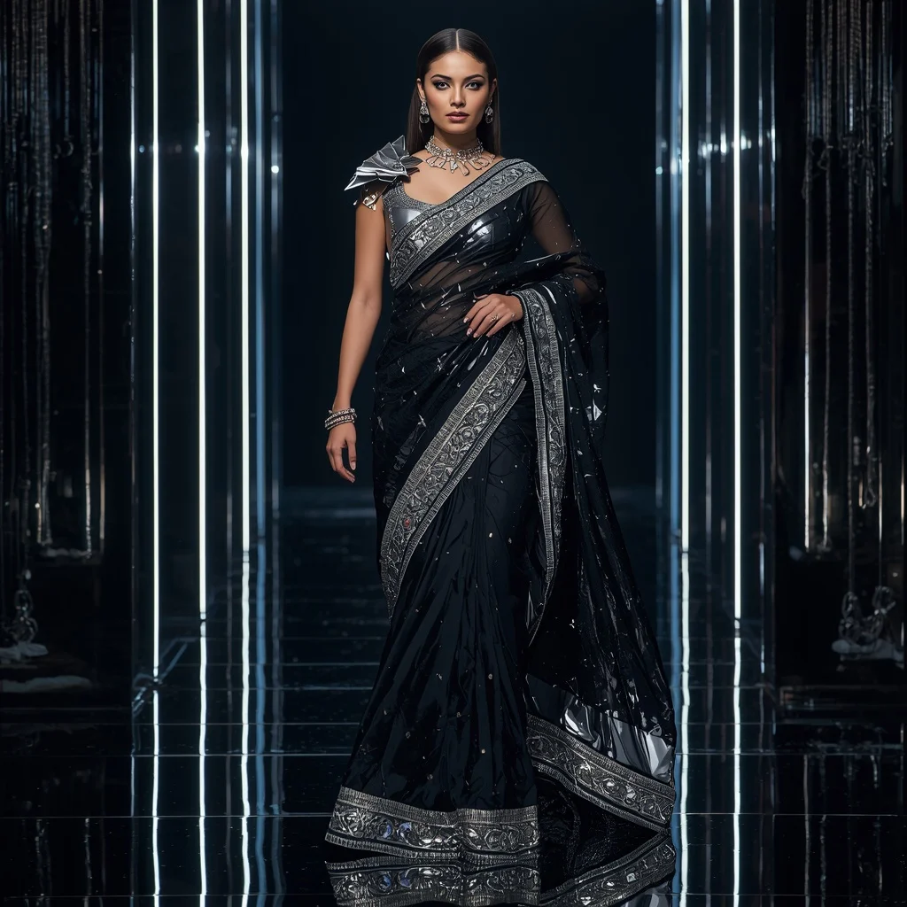 Futuristic Black Mirror Saree with Fierce Editorial Spiral Walk and Neon Reflection Palace Background | Festival Prompt